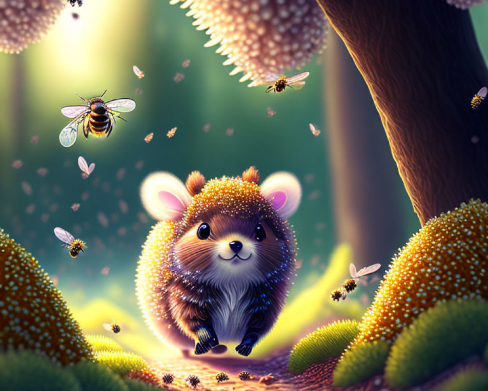 Whimsical illustration: Cute mouse, bees, and petals in enchanted forest