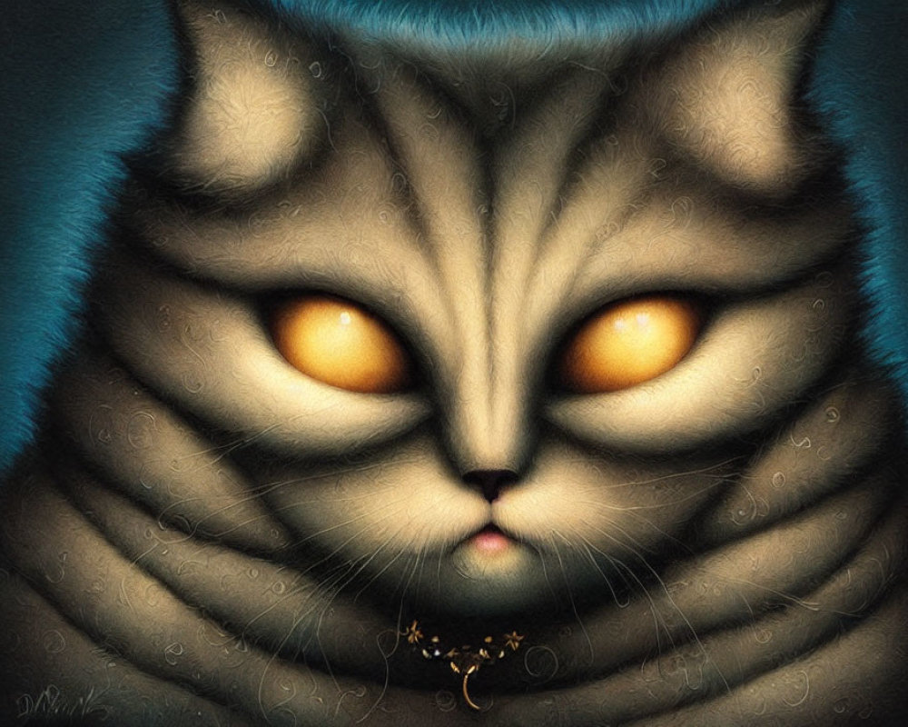 Detailed digital artwork of chubby gray cat with orange eyes on dark blue background
