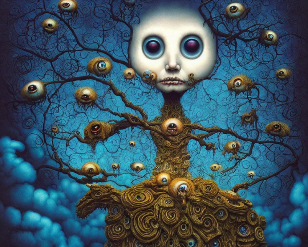 Surreal figure with tree trunk body and eye branches on starry blue background