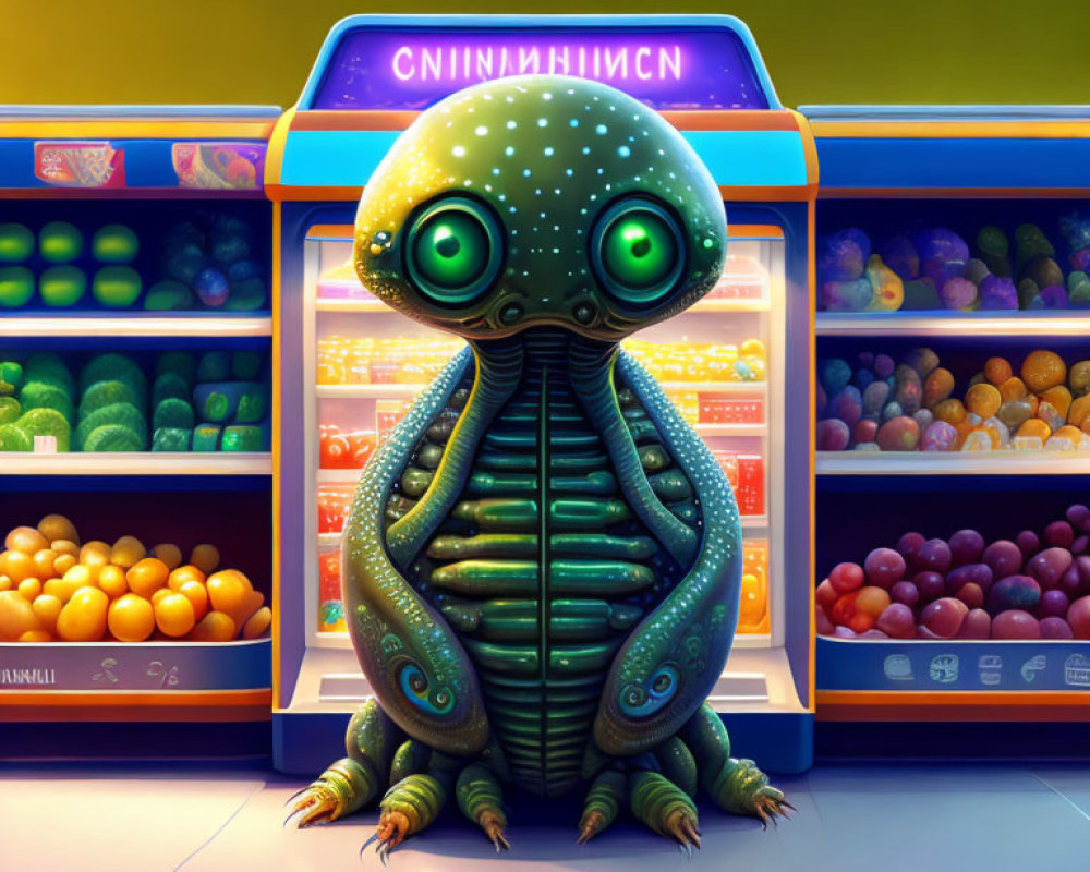 Colorful fruit stand with animated alien and Cyrillic-like text