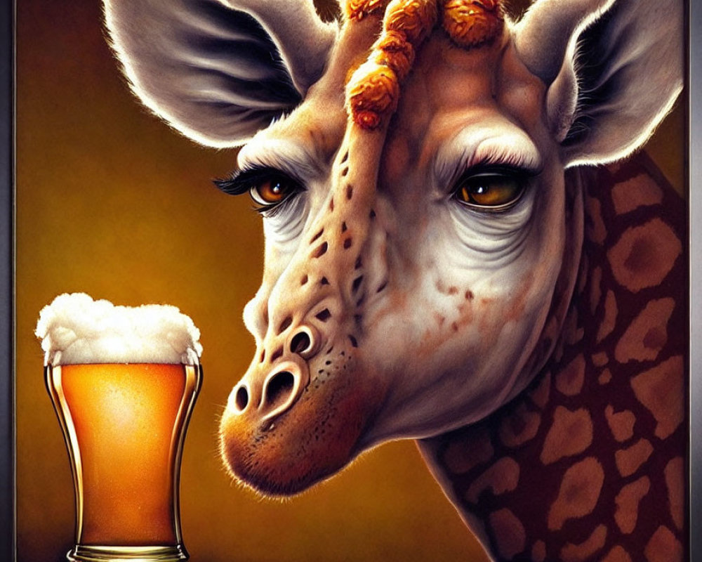 Illustrated giraffe with human-like eyes and beer glass on golden background.