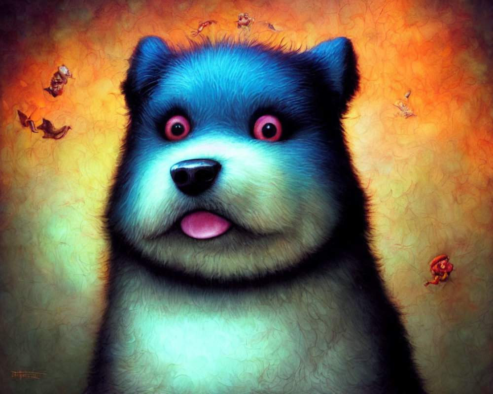 Vibrant cartoon dog with blue fur and playful expression on orange background