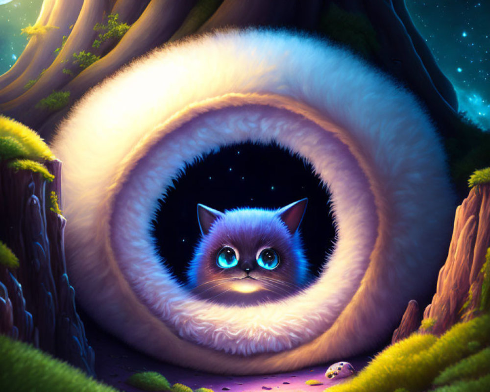 Blue-eyed fluffy cat in hollow tree with glowing starry night sky.