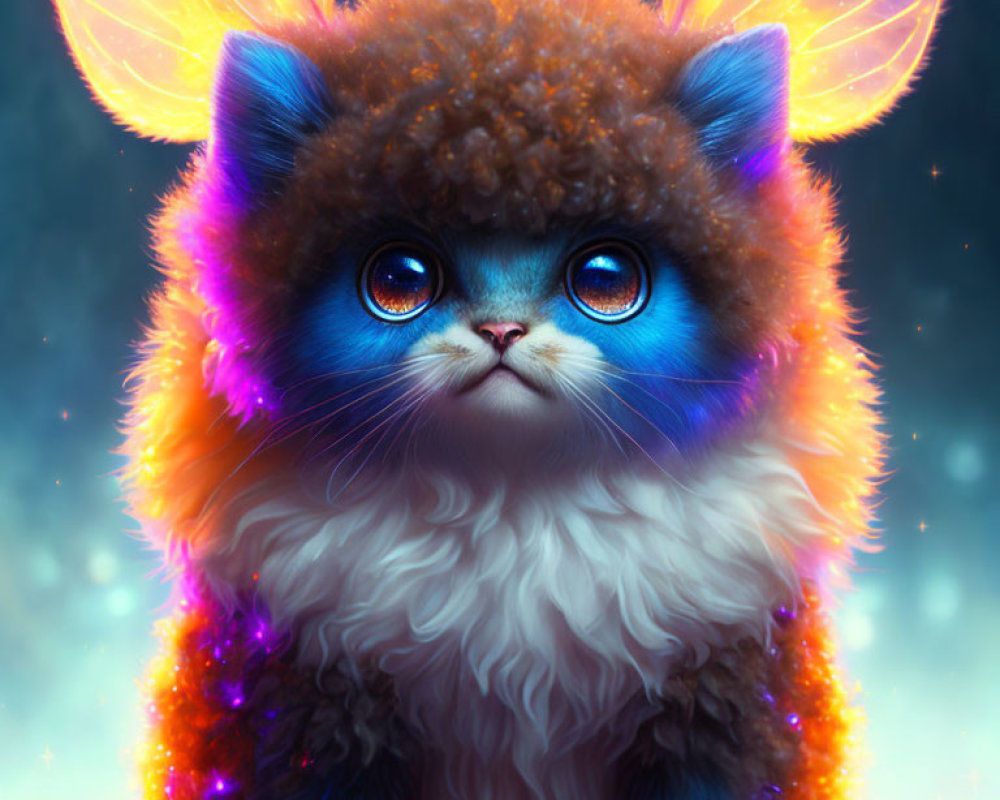 Fluffy kitten-headed creature with blue eyes and glowing wings on starry background