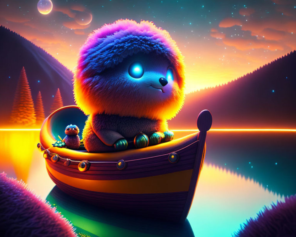 Fluffy Creature in Boat on Luminous River With Two Moons