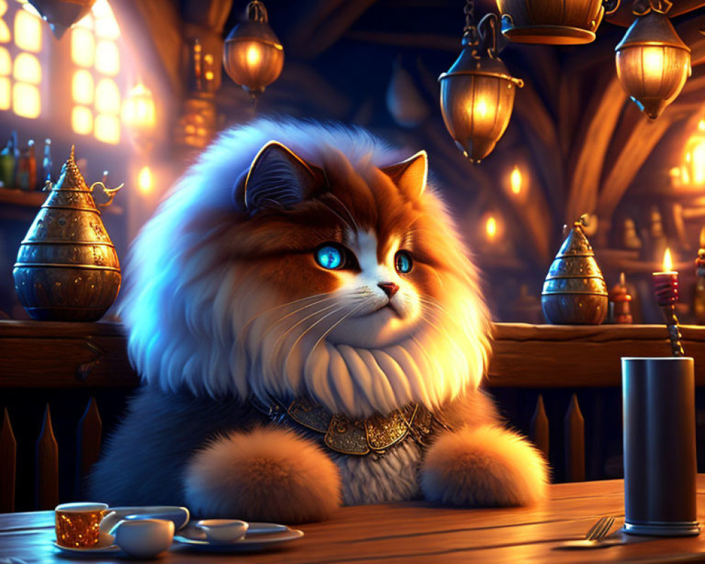 Fluffy cat with blue eyes at bar with lanterns, mug, and saucer