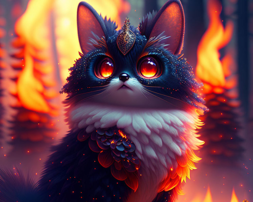 Mystical cat digital artwork with fiery orange eyes and feathers against flames