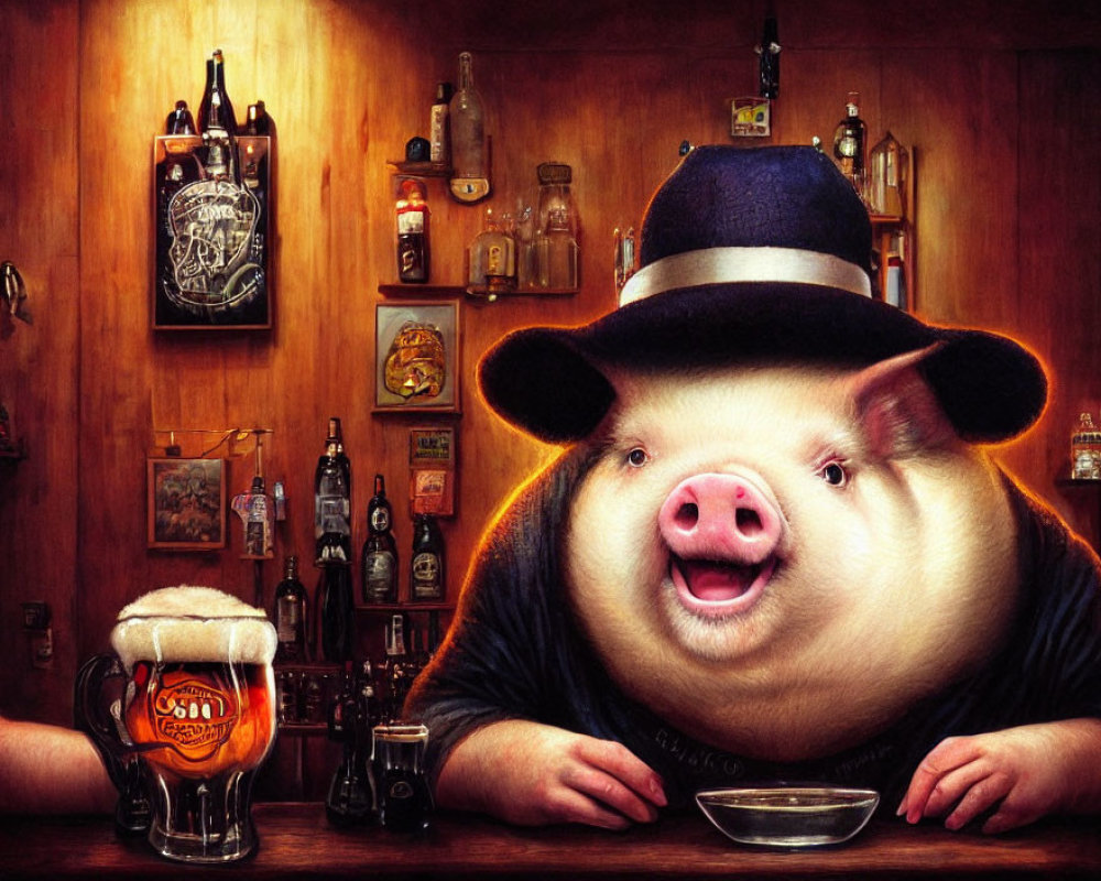 Whimsical pig in hat at bar with beer and bottles