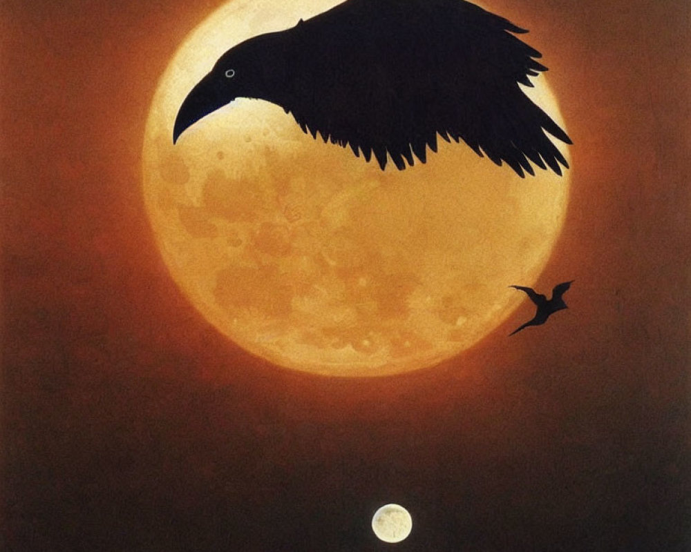 Silhouetted raven flying against large full moon with smaller bird and planet.