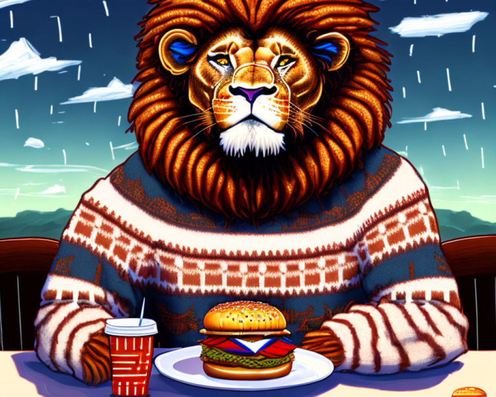 Lion in sweater with burger, fries, and drink under starry night sky.