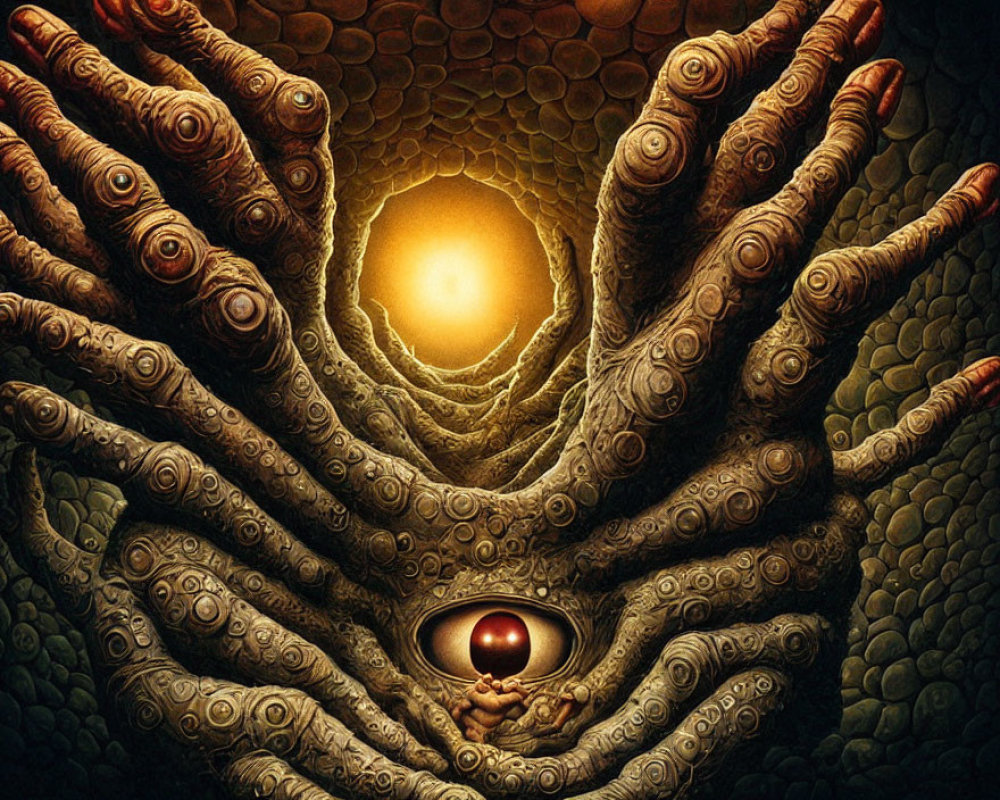 Surreal artwork featuring multiple arms with eyes and glowing orb.