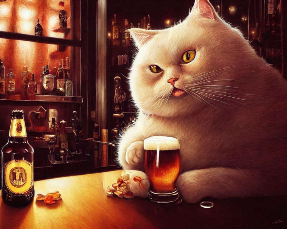 Fluffy white cat enjoying beer and snacks at a bar