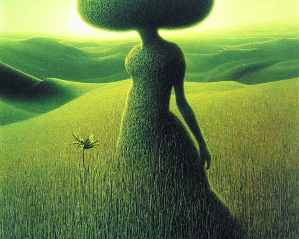 Surreal painting of female figure with tree-like head and spider in grassy field