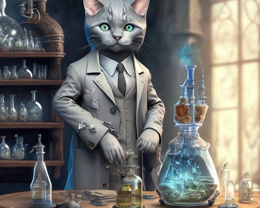 Anthropomorphic Cat in Suit Alchemy Experiment with Flasks in Vintage Lab
