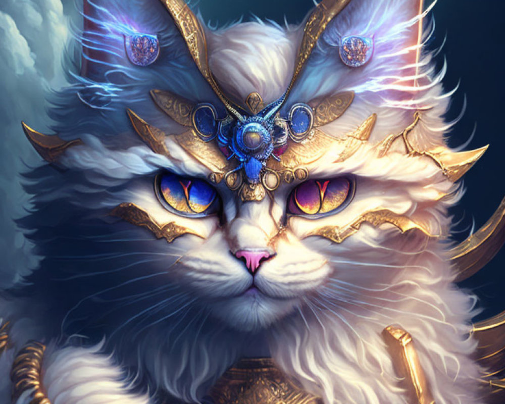 Regal cat with blue eyes in golden armor and tiara