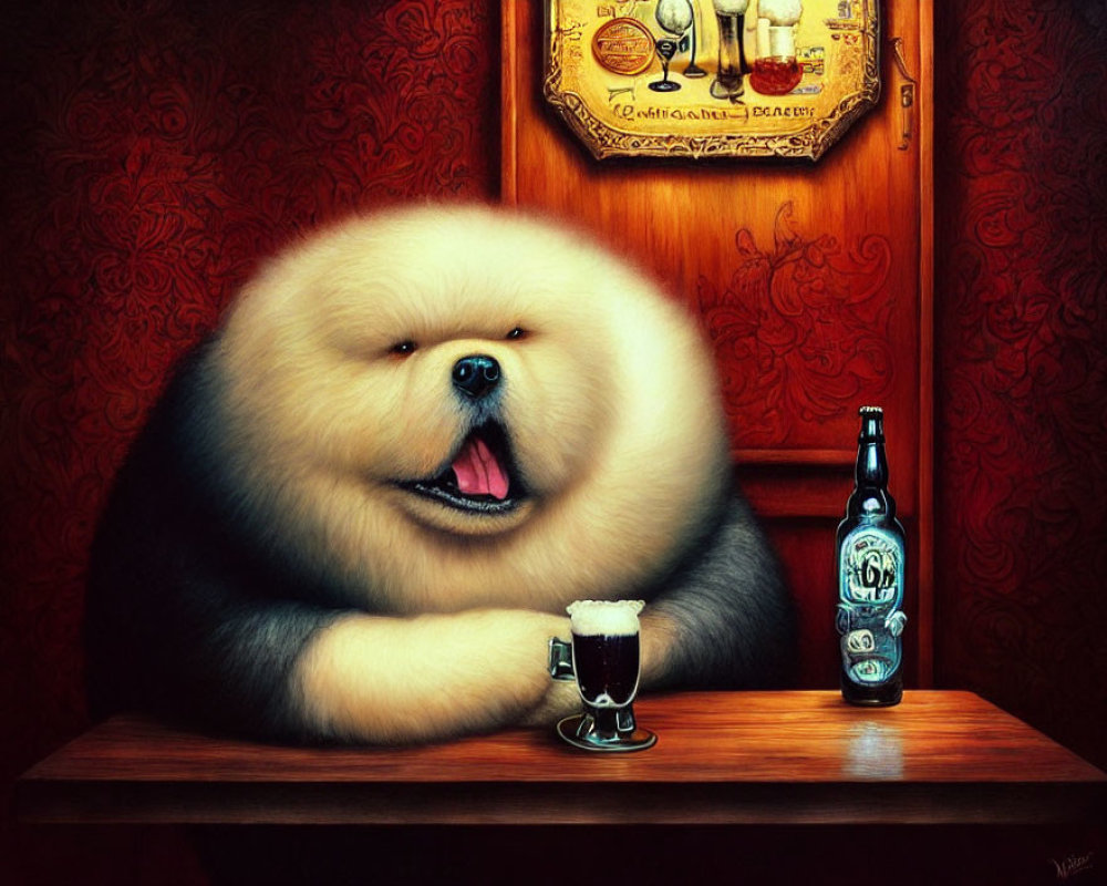 Fluffy Chow Chow dog at bar with beer pint and "OB" bottle, paintings in background