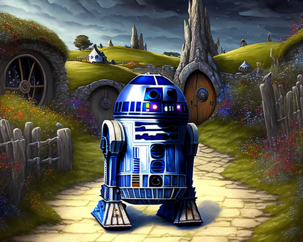Digital artwork: R2-D2 in whimsical Shire-inspired scene