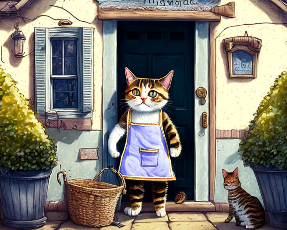 Two cats in aprons meet at "Hirnida" cottage doorway