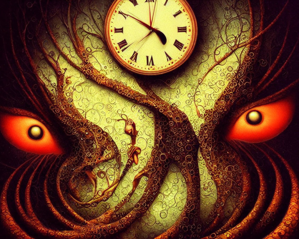 Creature with Tentacles, Glowing Eyes, Gears, and Clock Symbolizing Passage of Time