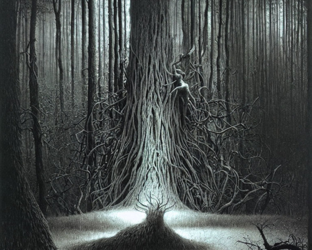 Monochromatic illustration of mystical forest with twisted tree and glowing base
