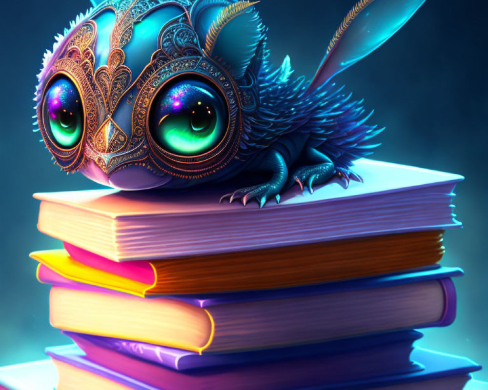Fantastical cat-like creature with mask features on colorful book stack