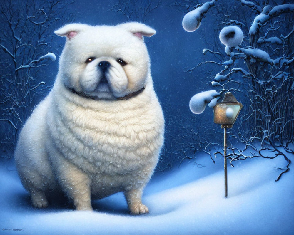 Fluffy pug-like dog in snowy landscape with lamp post