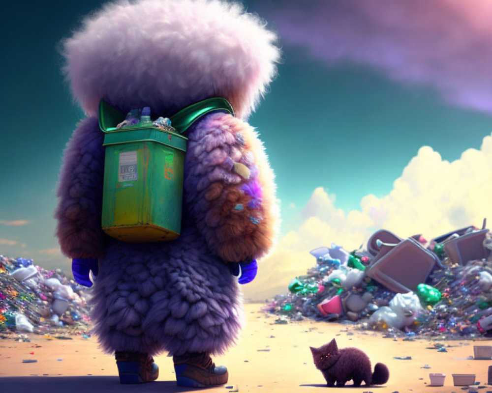 Fluffy character with green bucket and black cat in colorful garbage landscape