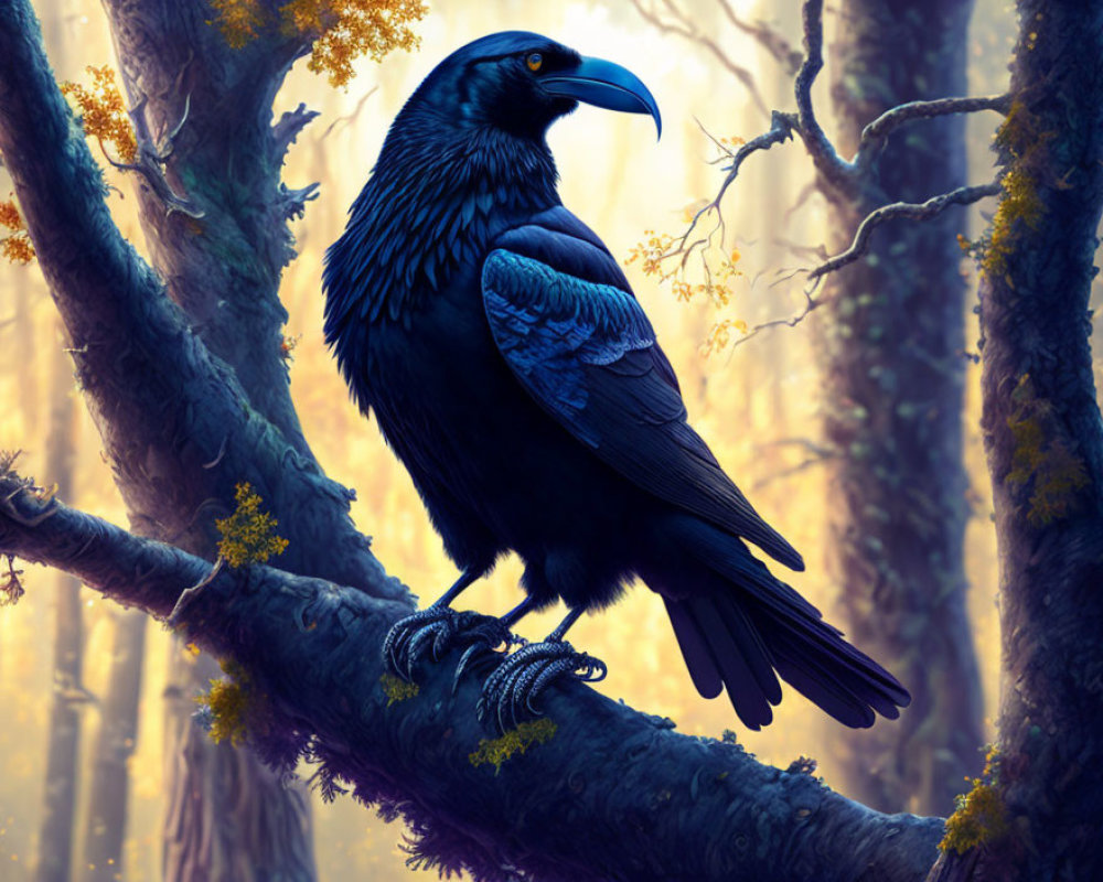 Black Raven Perched on Misty Forest Branch