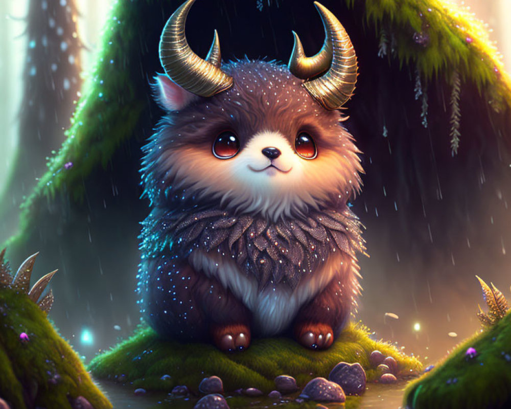 Fluffy fur creature with large horns in mystical forest