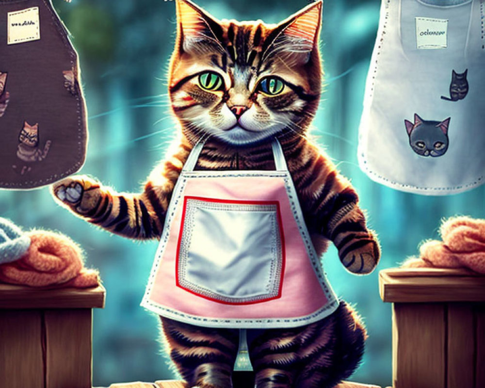 Illustration of tabby cat in apron hanging cat-themed laundry