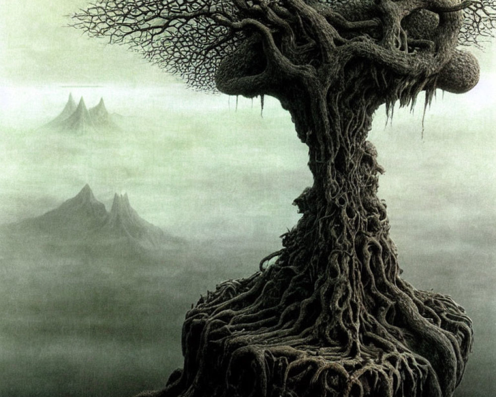 Intricate mythical tree in misty landscape with mountains