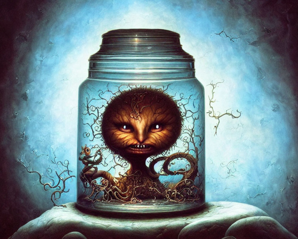 Fantastical creature with large eyes and tree-like features trapped in glass jar