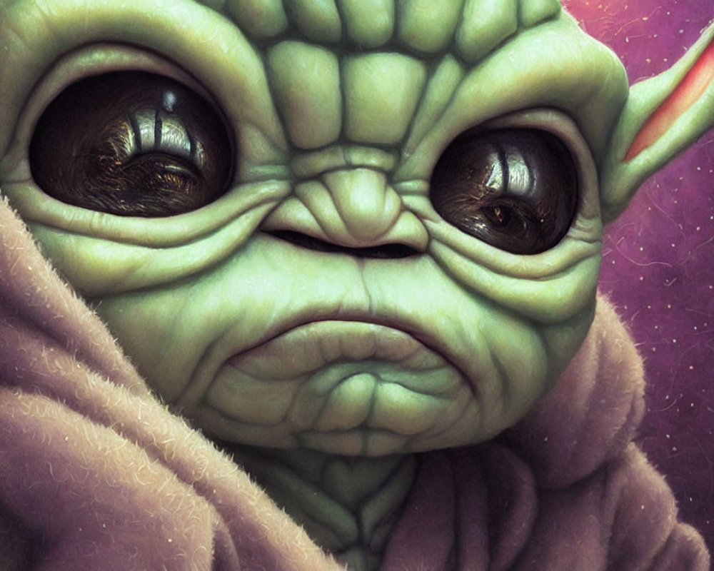 Adorable Baby Yoda with big eyes and green skin wrapped in brown cloak