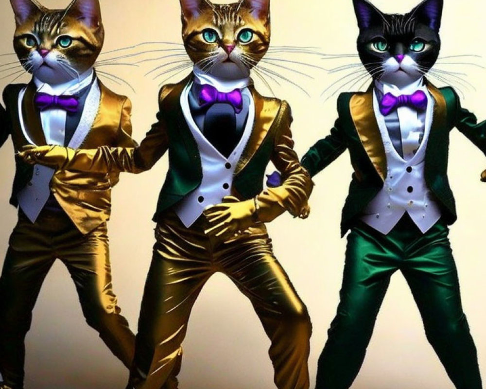 Three cats in stylish suits and bow ties on beige background