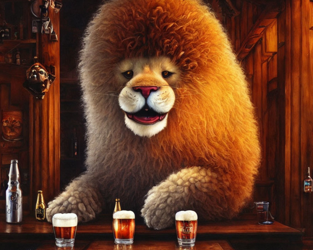 Fluffy lion with afro-like mane enjoys beer at bar