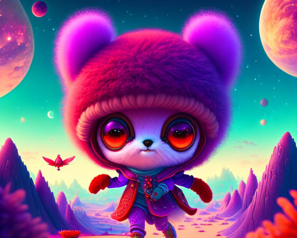 Colorful alien landscape with cute oversized-headed creature under starry sky