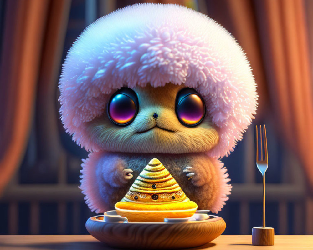 Fluffy creature with big eyes near pancakes and fork on table