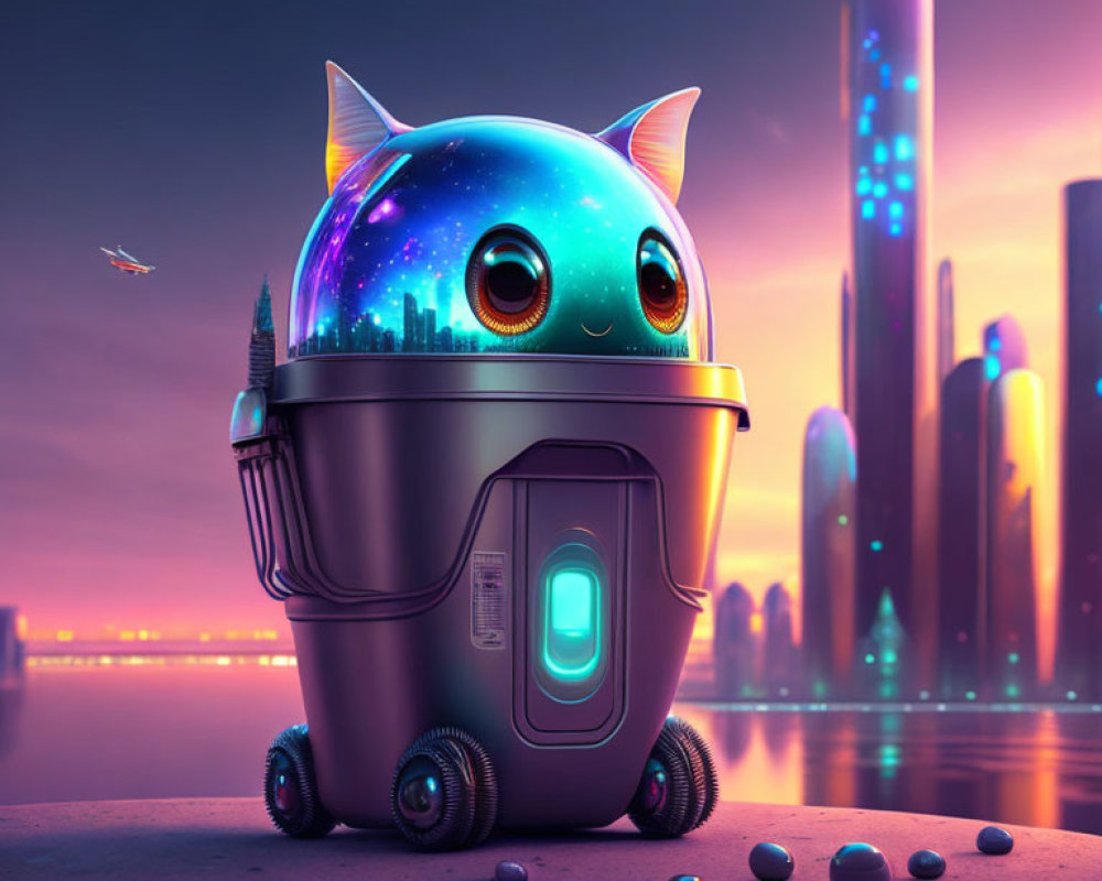 Futuristic robot cat with galaxy head on cityscape background