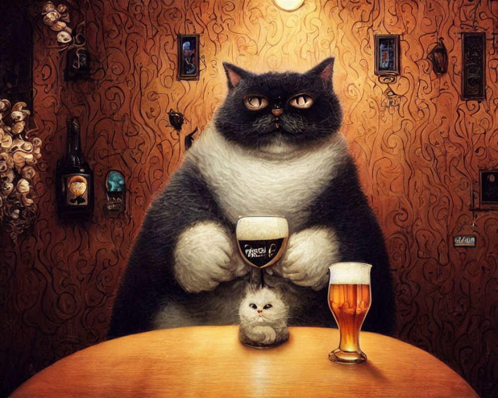 Whimsical anthropomorphic cat with beer pint at table