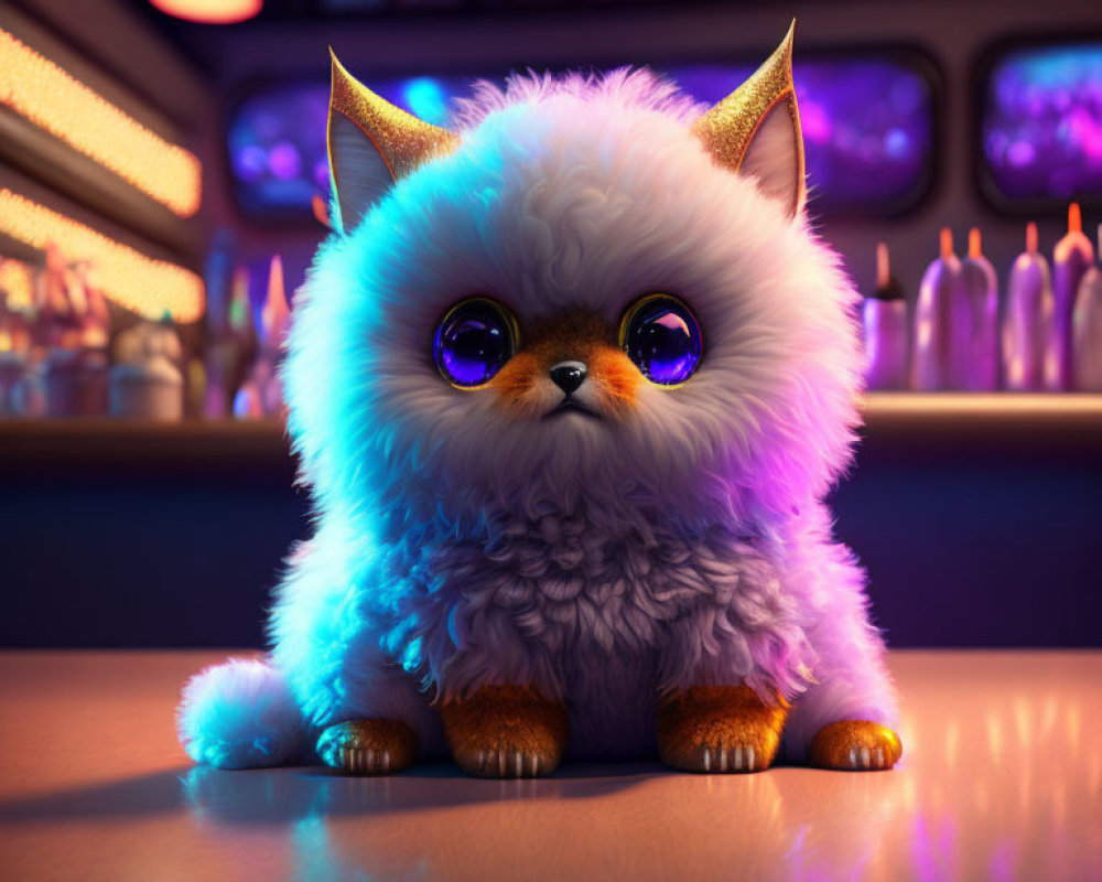 Fluffy fantasy cat-like creature with purple eyes, white and blue fur, and golden horns on bar