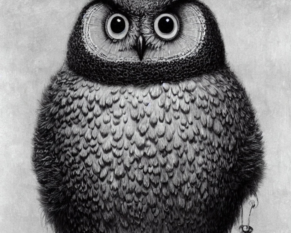 Detailed black and white chubby owl illustration with intricate feathers and large eyes.