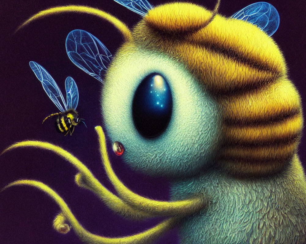 Stylized large-eyed bee creature with flying bee on dark purple background