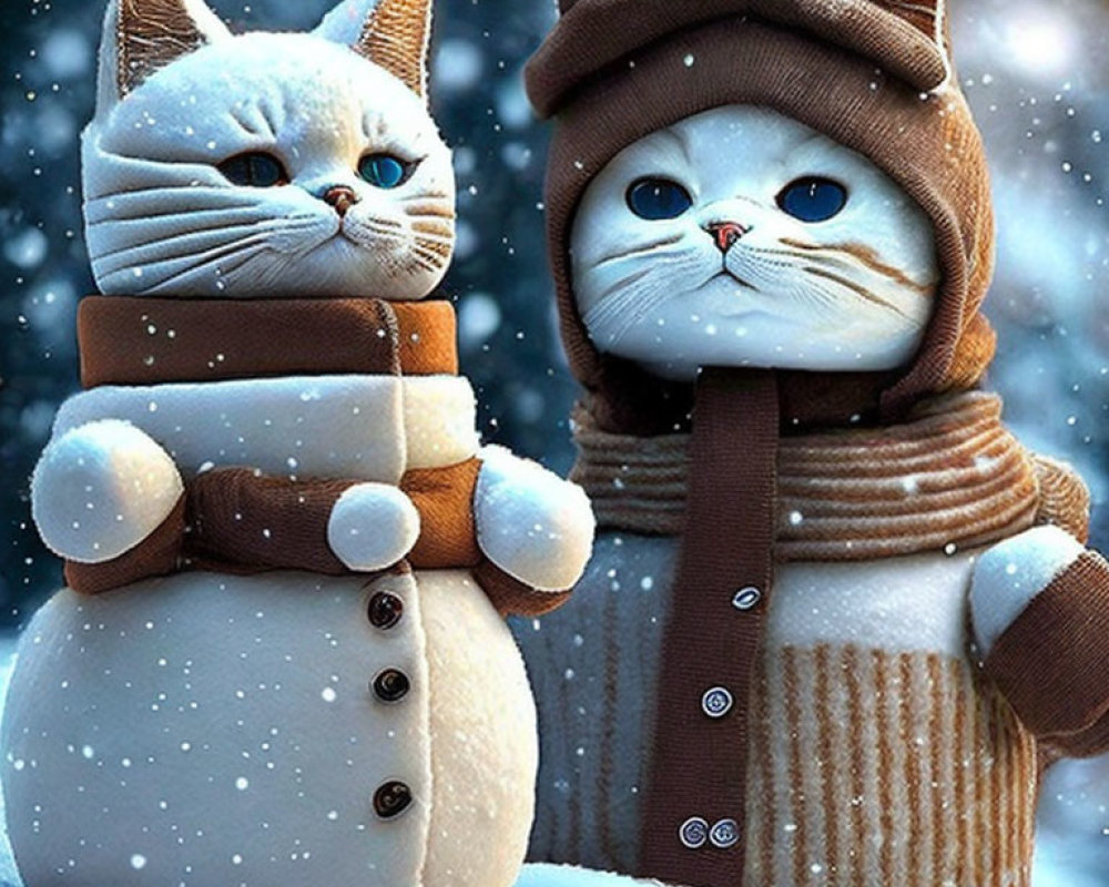 Two cats in snowman-like attire surrounded by snowflakes.