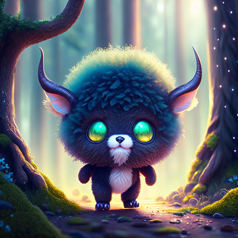 Fluffy creature with green eyes and horns in enchanted forest