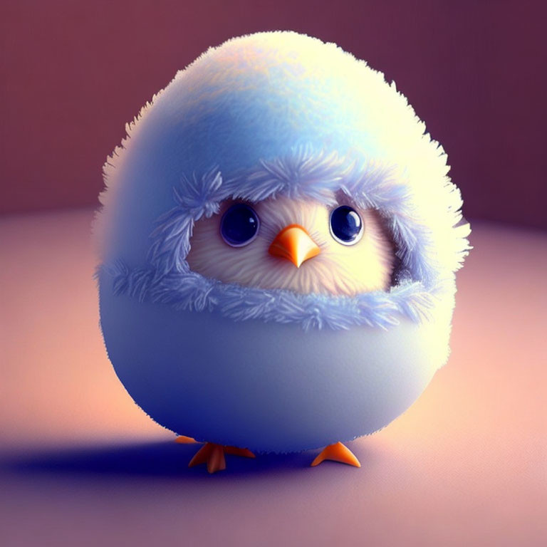 Fluffy Blue Cartoon Chick with Big Eyes and Small Beak Standing on Orange Feet