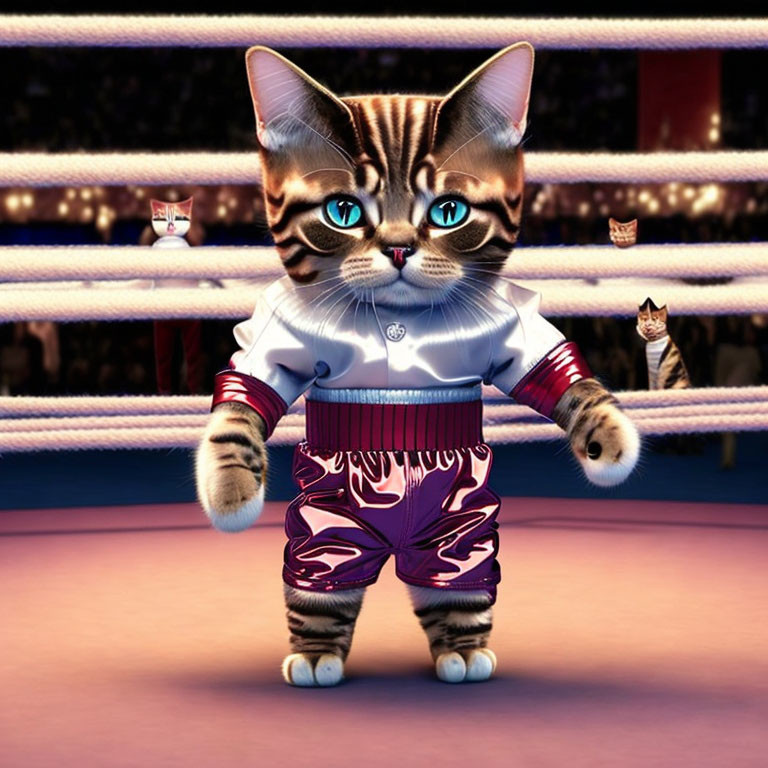 Blue-eyed animated cat in boxing gear confidently stands in ring with another cat.