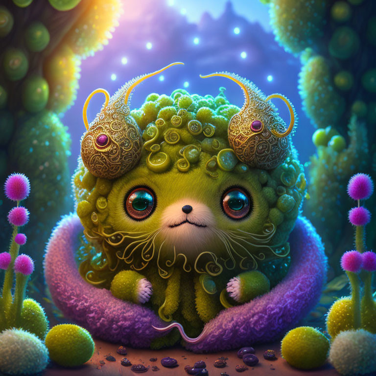 Colorful whimsical creature in fantastical forest with glowing plants