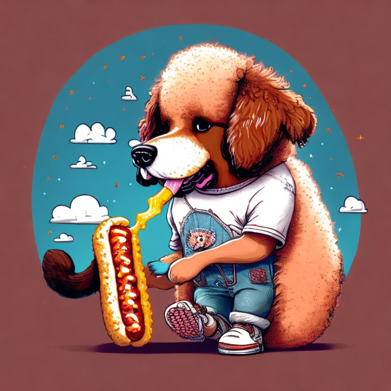 Cartoon dog in t-shirt and sneakers enjoying oversized hot dog on sky-blue backdrop