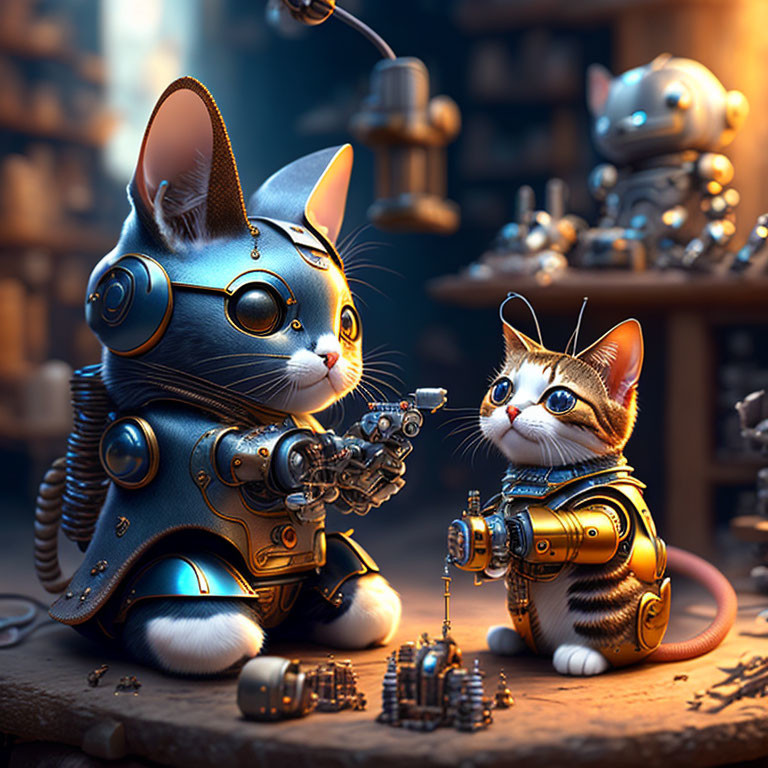 Two robotic cats in steampunk workshop with gears