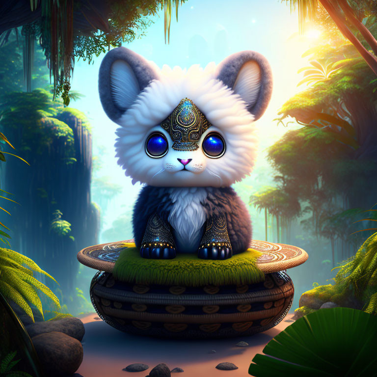Stylized adorable animal with large blue eyes in mystical forest